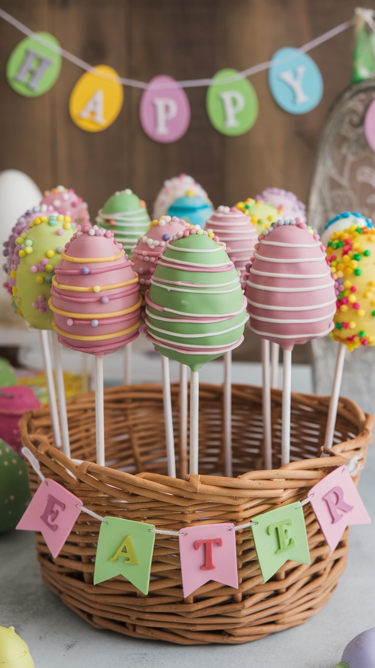 Colorful Easter egg-shaped cake pops displayed in a basket.