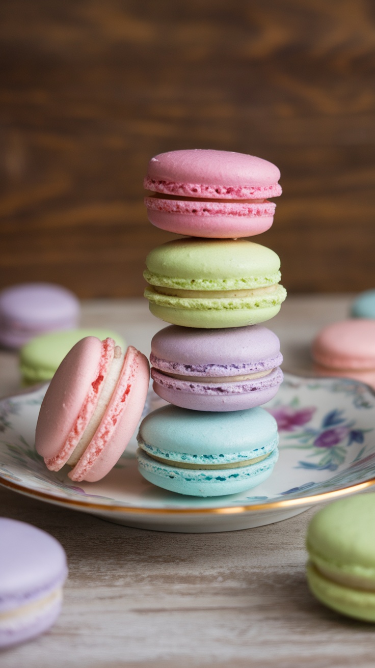 Colorful macarons stacked on a plate