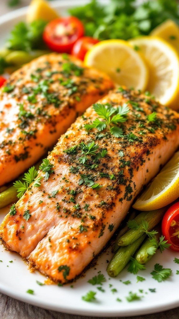 Herb-crusted salmon fillets served on a plate with lemon wedges and steamed vegetables.
