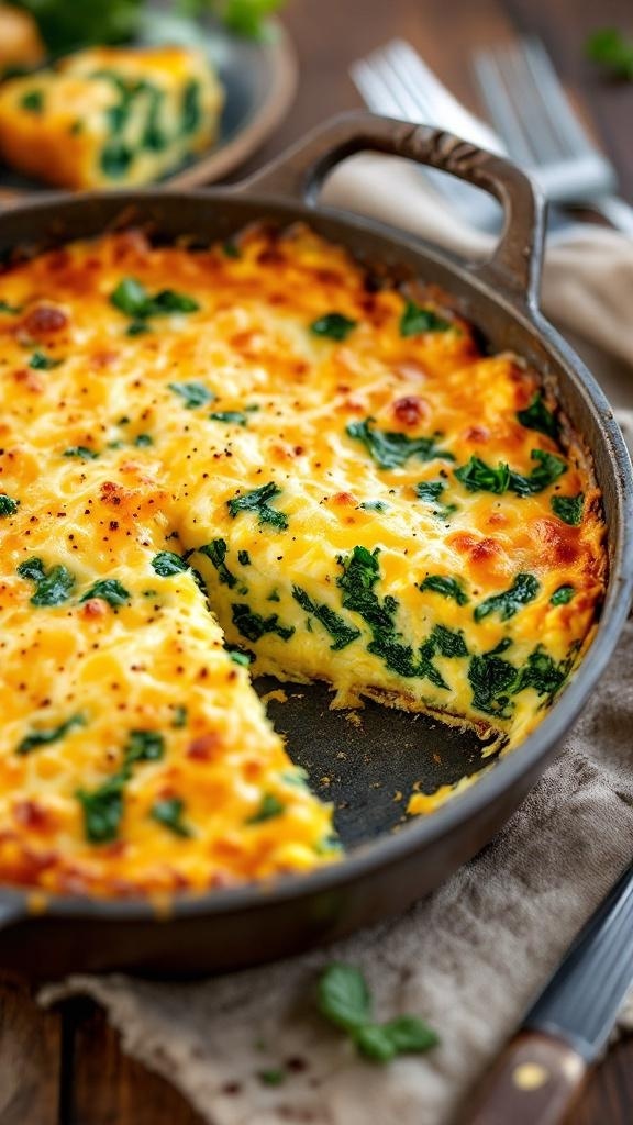 Cheesy hash brown egg bake with spinach, golden brown and bubbly, served in a rustic dish.