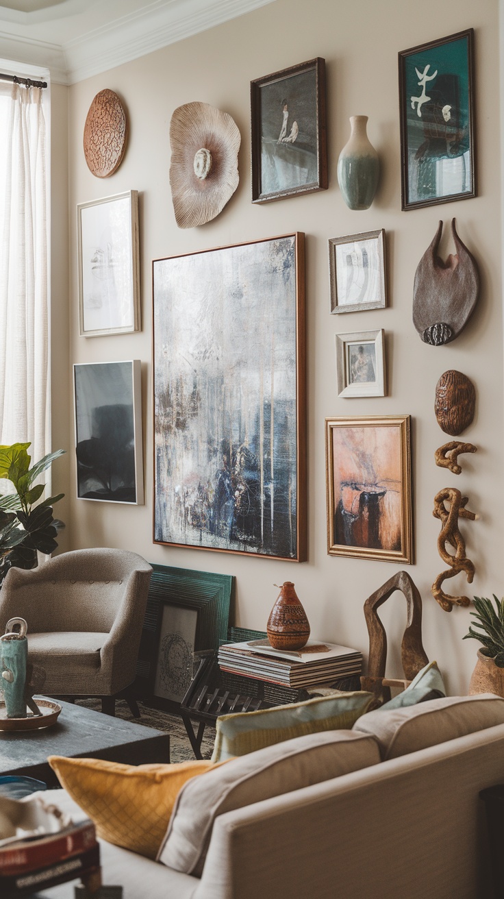 A vibrant and eclectic gallery wall featuring various art styles, colors, and decorative pieces.
