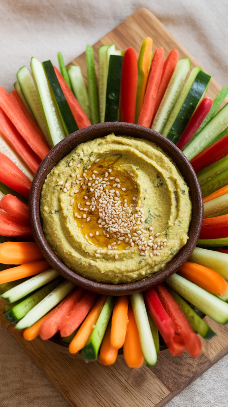 A bowl of edamame and spinach hummus surrounded by colorful vegetable sticks.