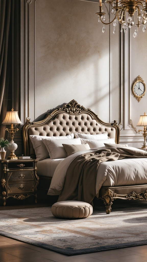 Elegant luxury bedroom featuring a tufted bed frame and ornate furnishings