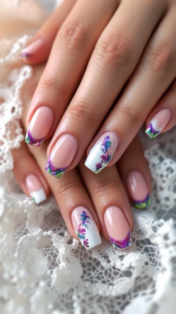 Elegant pink French tip nails with a white tip, set against a floral background