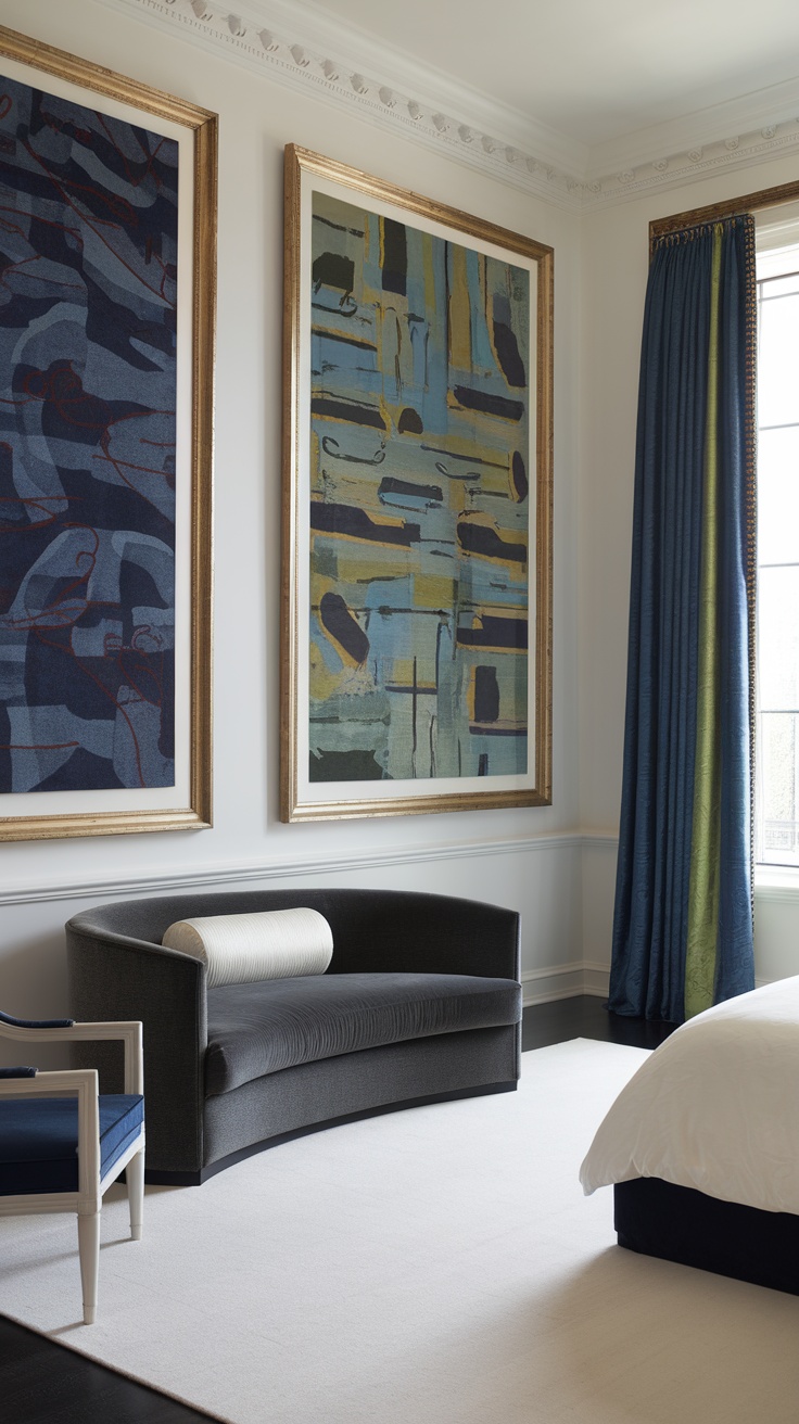 A luxury bedroom featuring large wall art pieces with nature themes, soft bedding, and neutral colors.