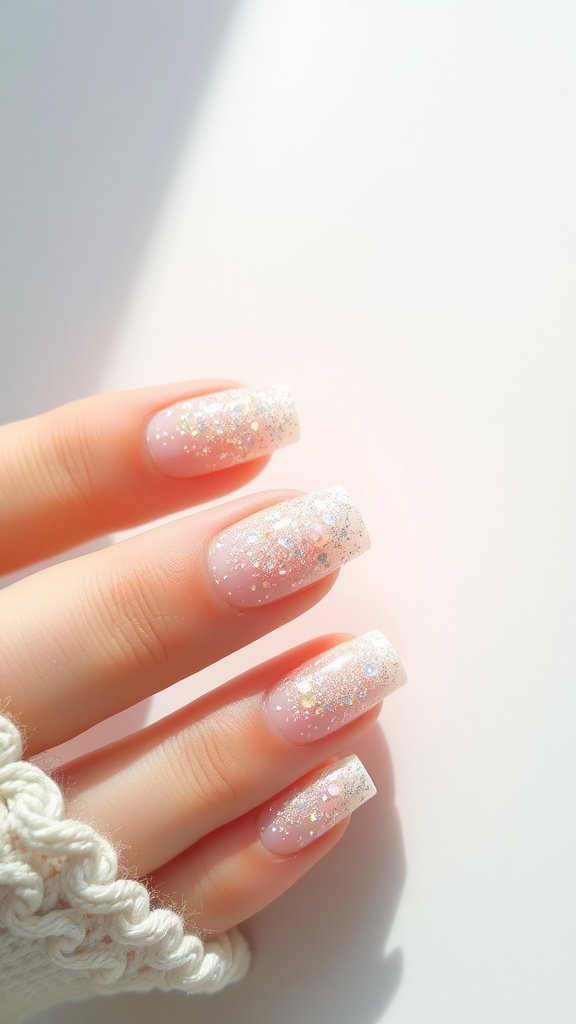 Close-up of elegant nails with ethereal glitter accents in soft pink and silver