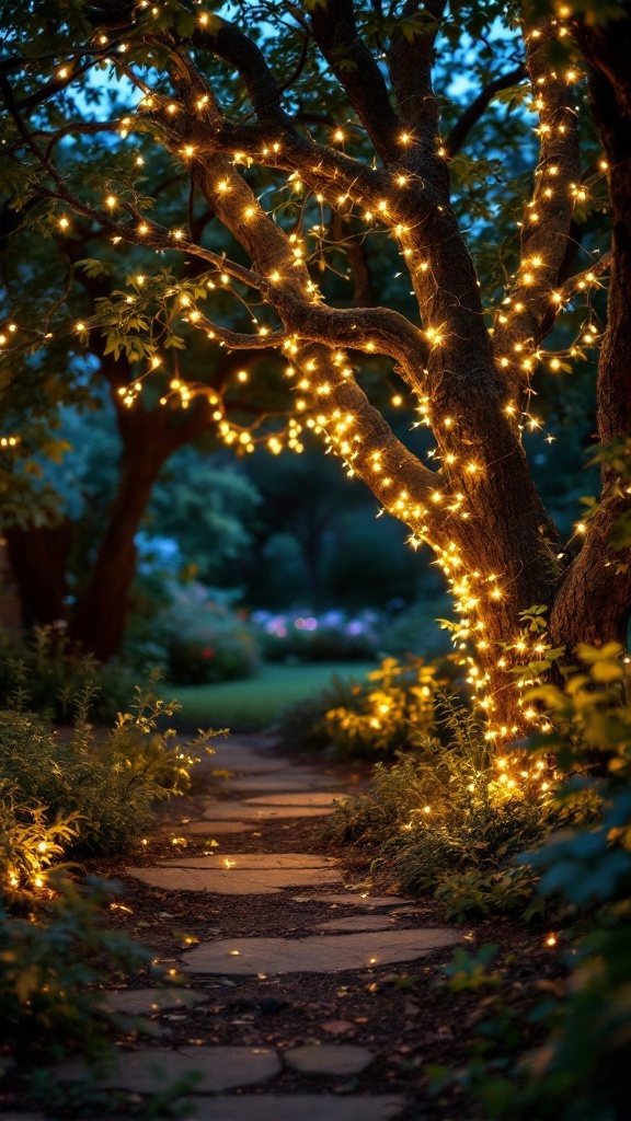Decorative fairy lights wrapped around tree branches in a garden setting