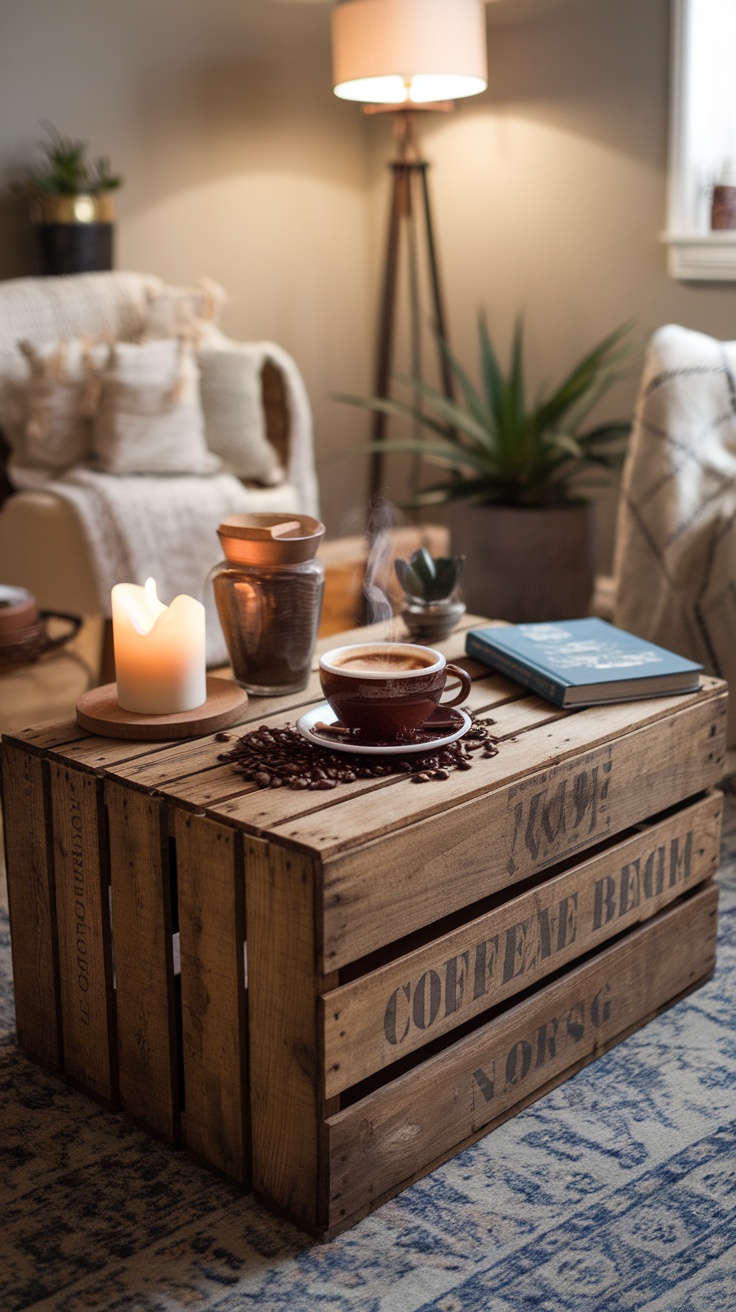 A rustic coffee crate table with a cup of coffee, surrounded by coffee beans and a small plant.