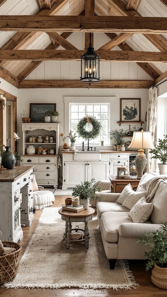 A cozy farmhouse interior with wooden beams, floral arrangements, and a mix of vintage and modern furniture.