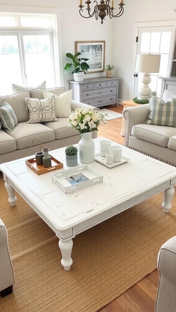A farmhouse chic living room featuring a distressed white coffee table surrounded by cozy furniture.
