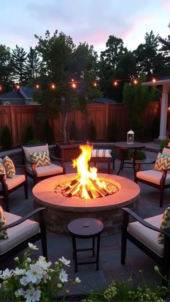 Group of friends gathered around a fire pit in a scenic outdoor setting during twilight.