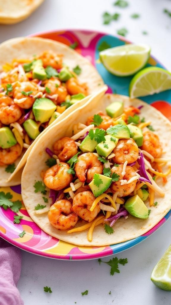 Firecracker shrimp tacos with spicy slaw on a colorful plate