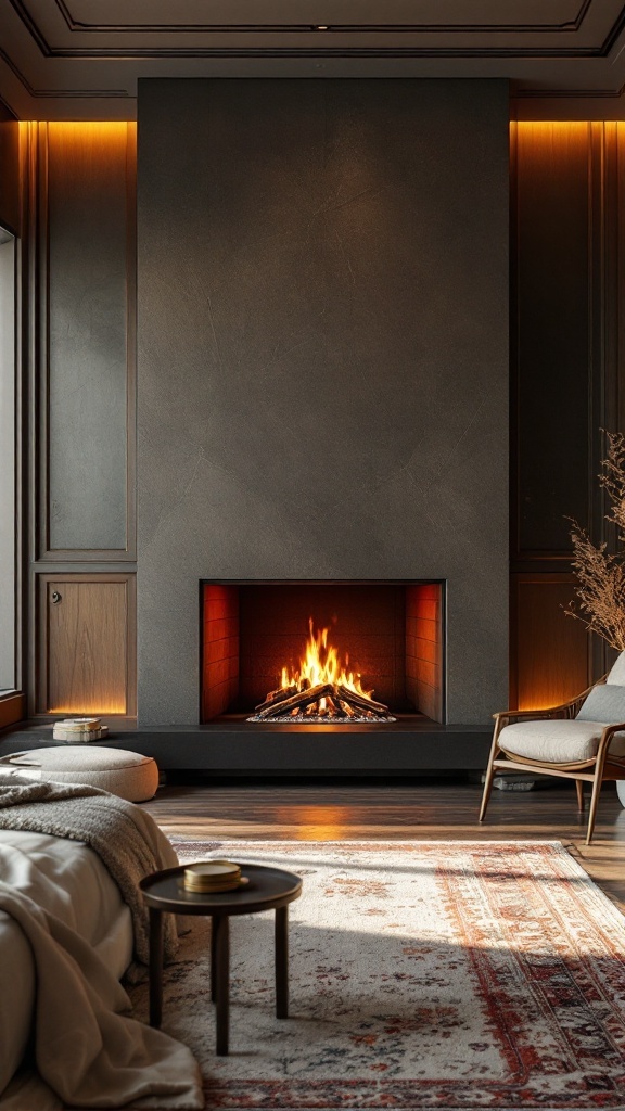 Modern luxury bedroom featuring a sleek fireplace and cozy decor.