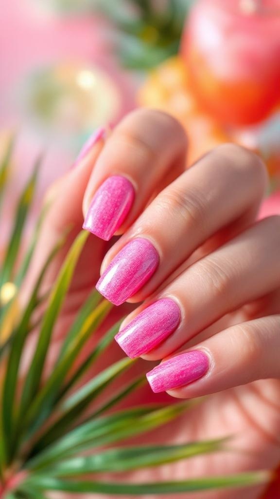 Bright flamingo pink nails with sparkles, drinks, and tropical leaves.