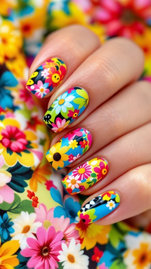 Close-up of manicured hands with floral nail art, surrounded by daisies and greenery on a wooden surface.