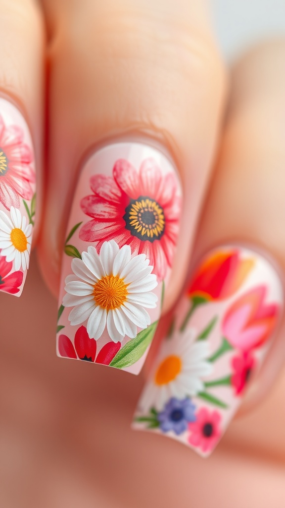 Colorful floral nail designs featuring daisies, roses, and tulips on a light background.