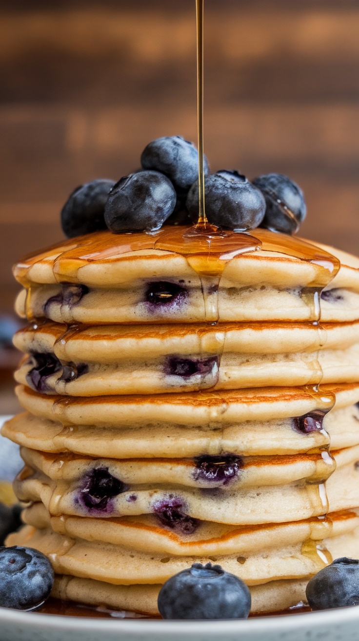 Fluffy blueberry pancakes stacked high with syrup drizzling down