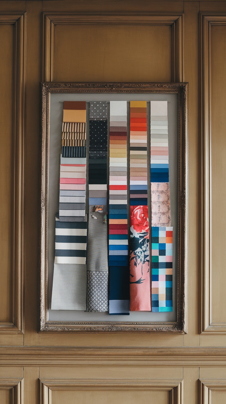A framed collection of colorful fabric swatches arranged in a stylish display.