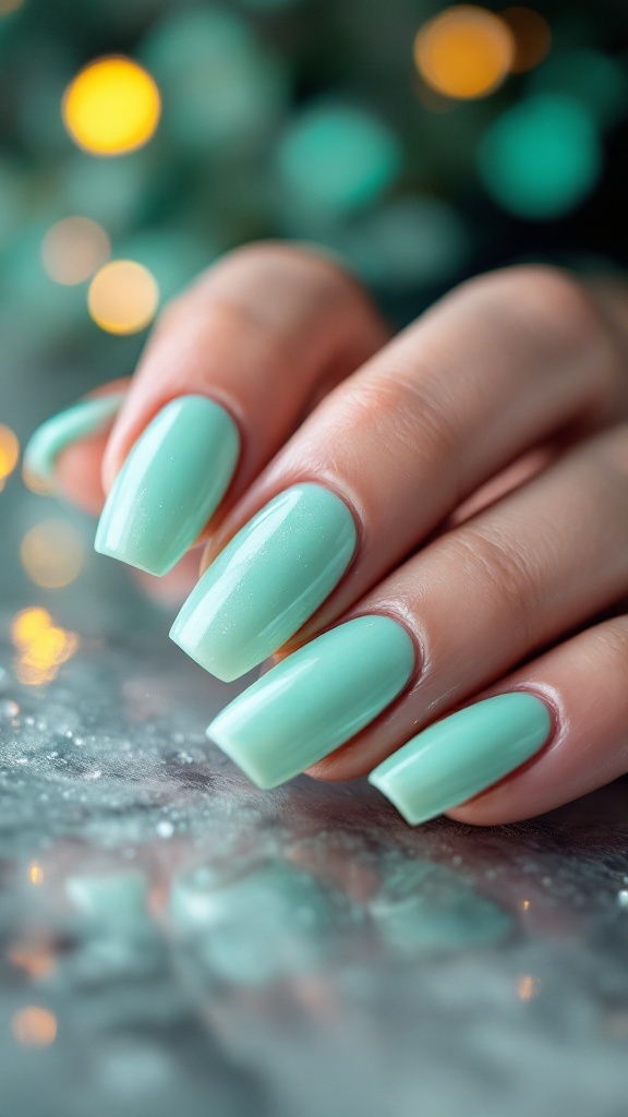A hand with long nails featuring a frosted mint finish, showcasing different shades of mint and shimmer.