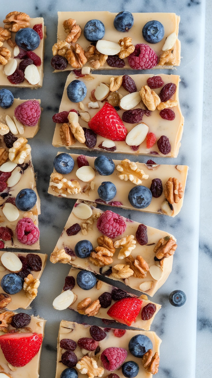 Frozen banana yogurt bark topped with berries and nuts