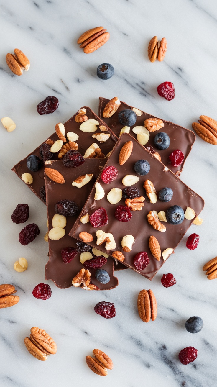 Homemade fruit and nut chocolate bark with assorted nuts and dried fruits.
