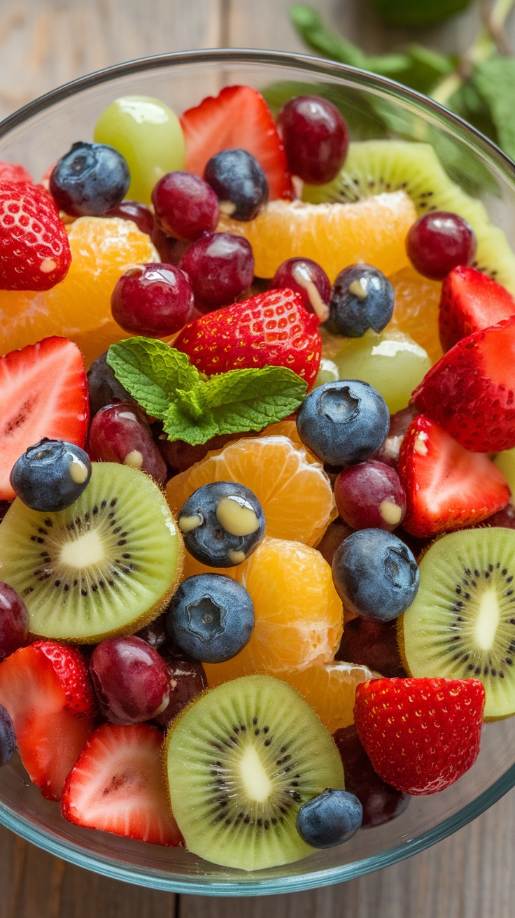 A colorful bowl of fresh fruit including strawberries, blueberries, kiwi, and oranges, drizzled with honey-lime dressing.