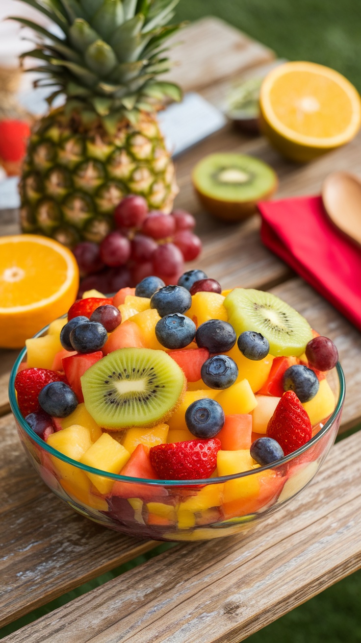 A colorful bowl of fruit salad featuring watermelon, cantaloupe, strawberries, blueberries, grapes, and kiwi, topped with a honey lime dressing.