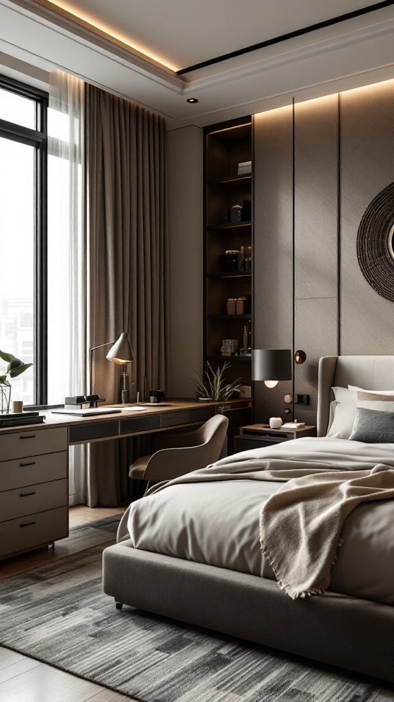 A modern luxury bedroom featuring a workspace with a desk, chair, and organized storage.