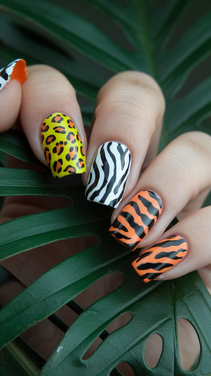 Nails featuring funky animal prints with a lion face design and leopard patterns