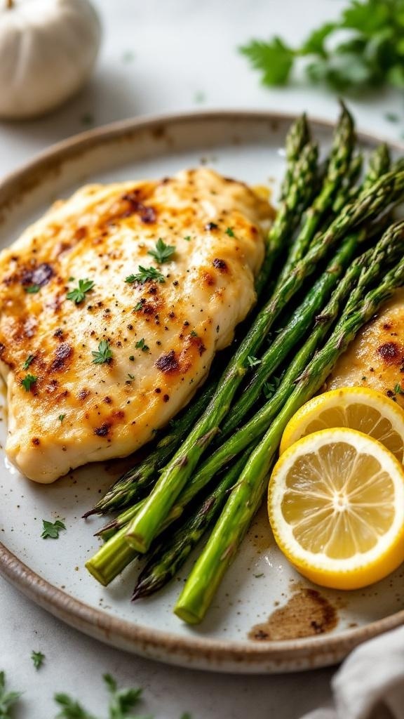Garlic Butter Chicken Thighs with Asparagus on a plate