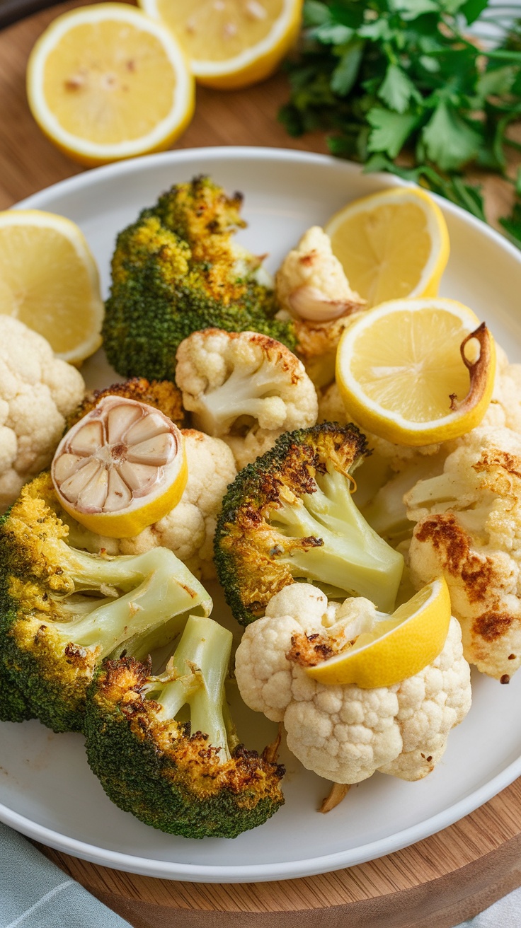 Garlic roasted broccoli and cauliflower with lemon slices