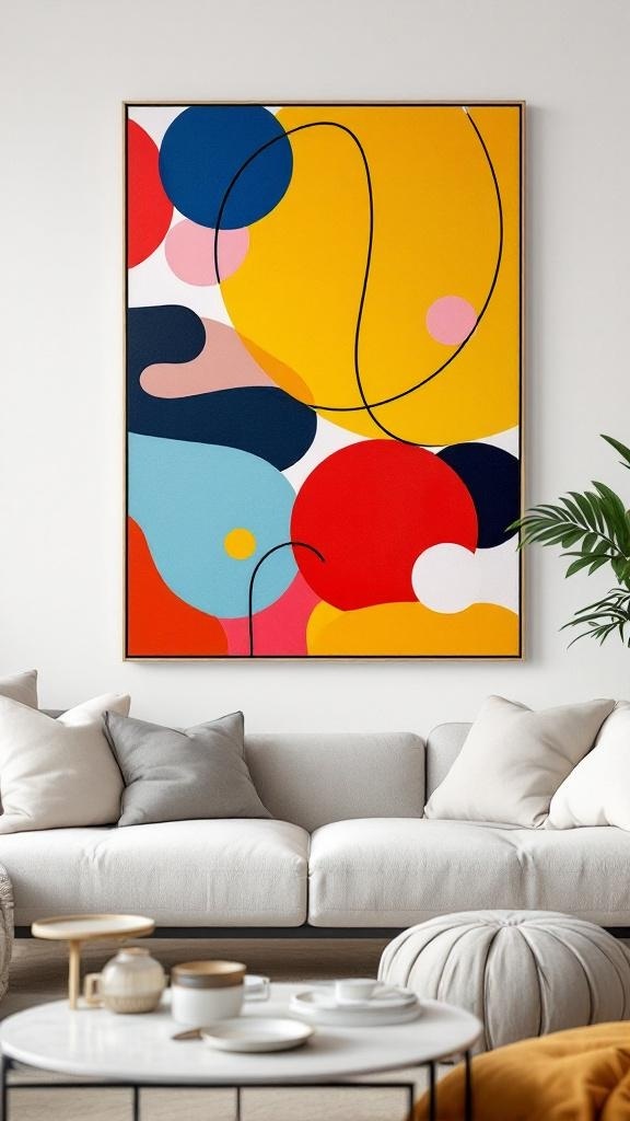A vibrant geometric painted canvas featuring bold shapes in red, yellow, blue, and pink, displayed above a cozy sofa in a modern living room.