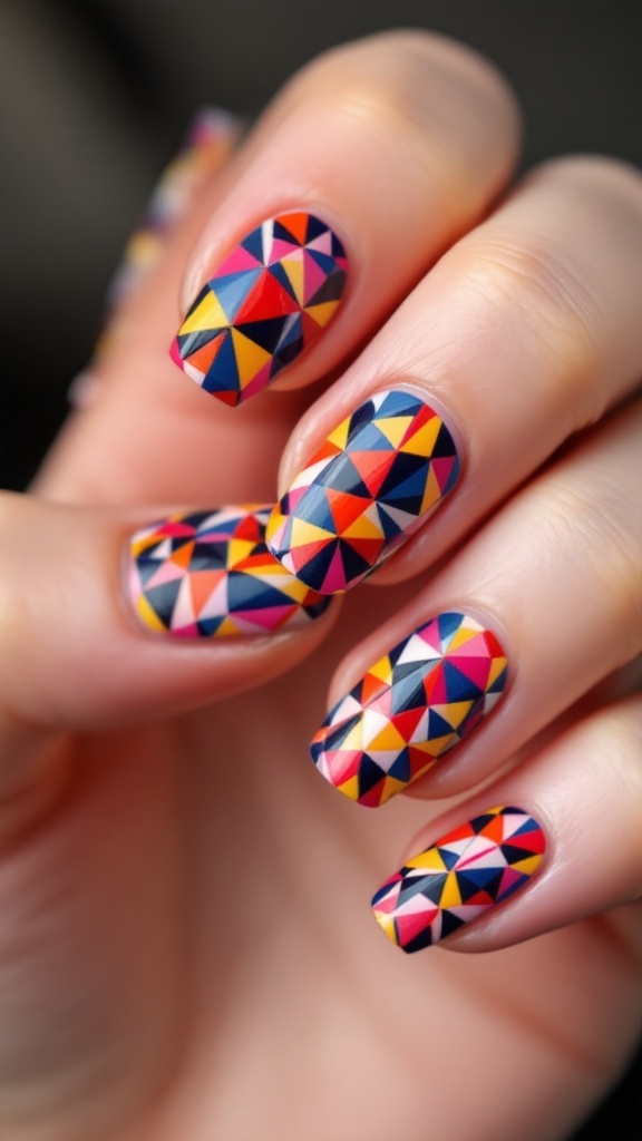 Colorful geometric nail art with a mix of bright shapes and patterns