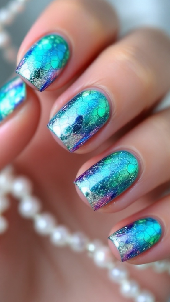 Glittery mermaid nails with blue and green scales and shell designs.