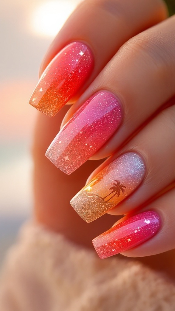 A hand with glittery sunset nails against a vibrant sunset background.