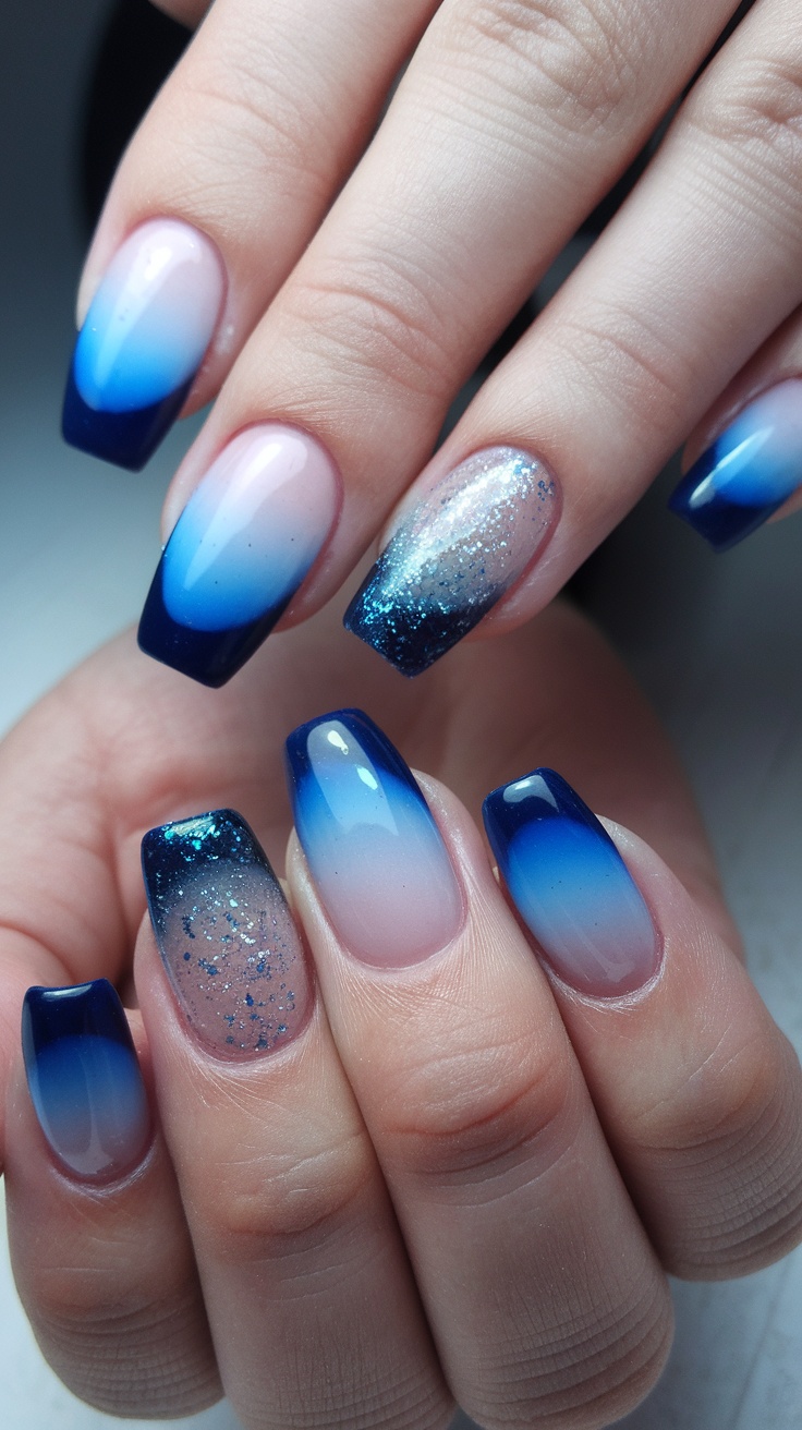 Close-up of gradient glitter nails with shimmering effects