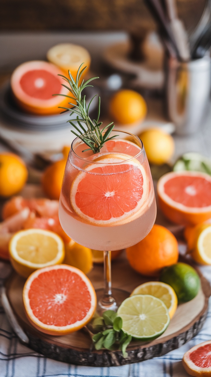 A refreshing grapefruit rosemary spritzer garnished with a slice of grapefruit and a sprig of rosemary, surrounded by citrus fruits.