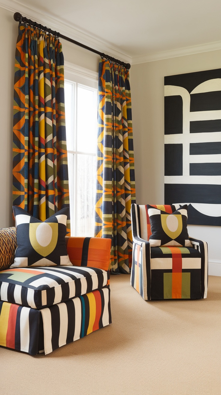 Living room with graphic patterned furniture and curtains in vibrant colors