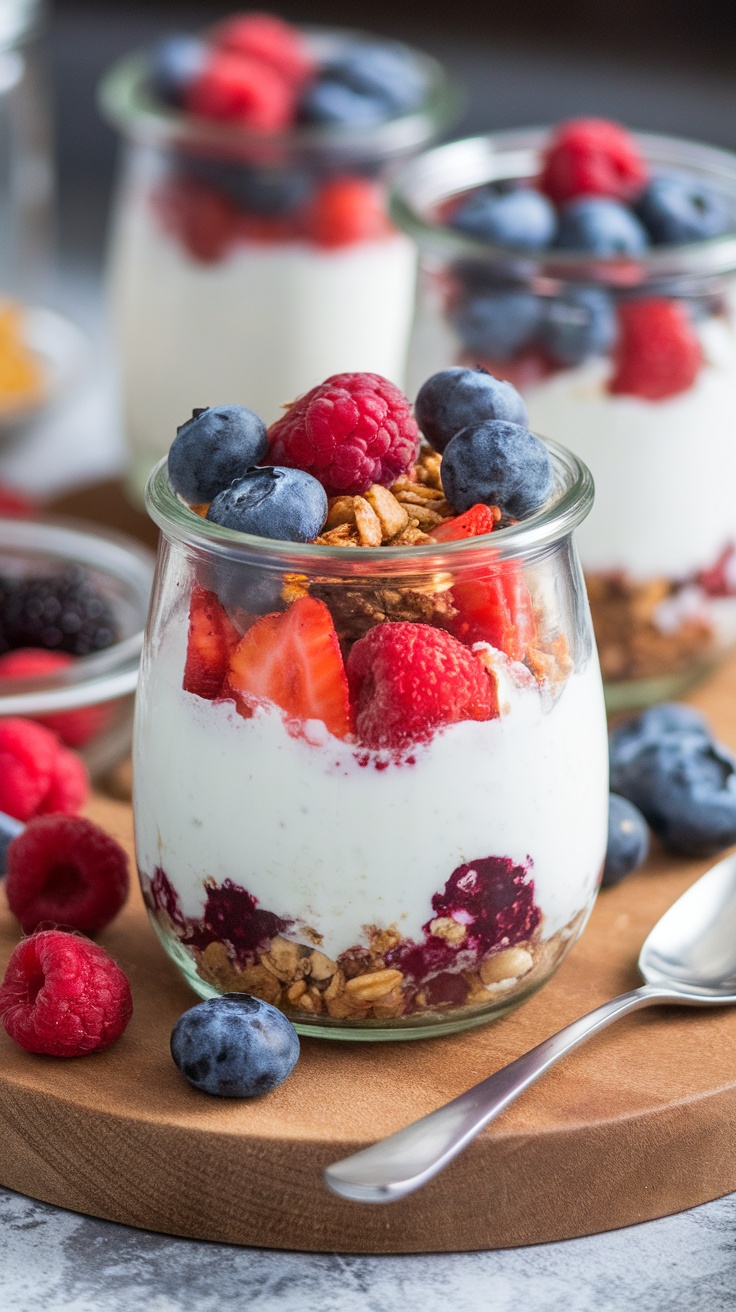 A delicious Greek yogurt parfait featuring layers of yogurt, fresh berries, and granola.