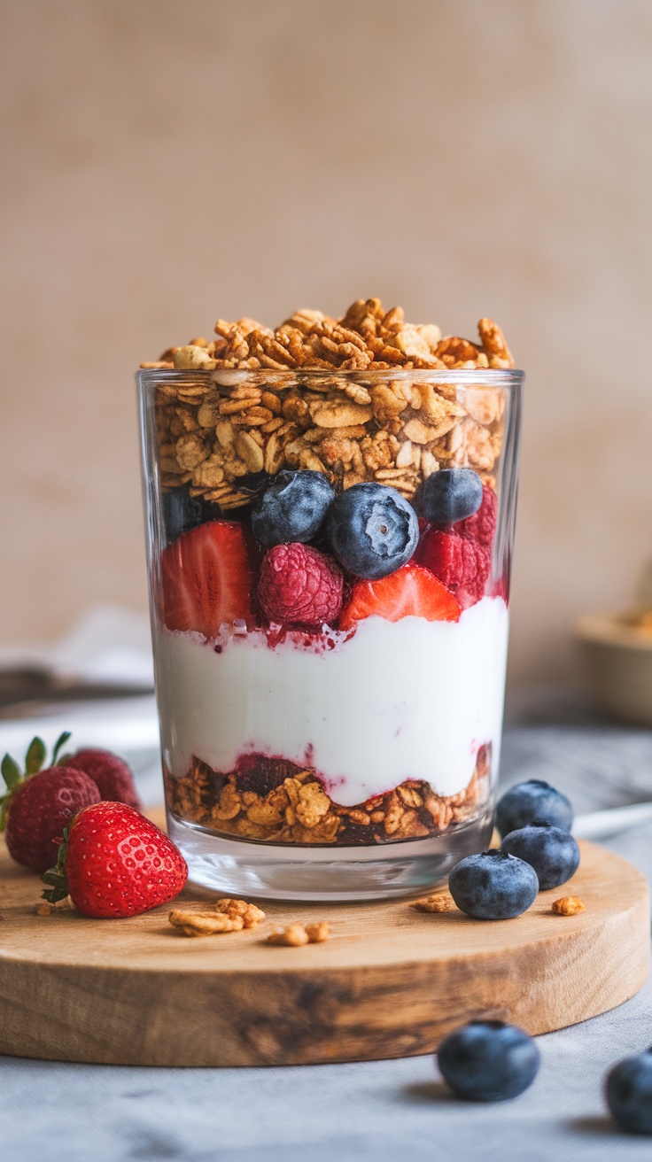 A delicious Greek yogurt parfait layered with granola and fresh berries.