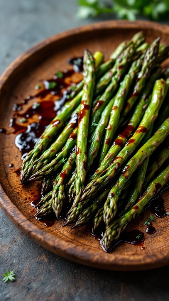 A plate of grilled asparagus drizzled with balsamic glaze.