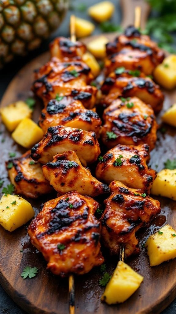 Grilled BBQ chicken skewers with pineapple on a wooden platter