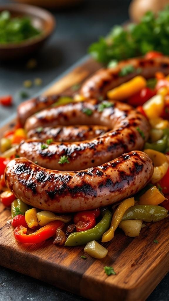 Grilled sausages with colorful peppers and onions on a wooden cutting board.