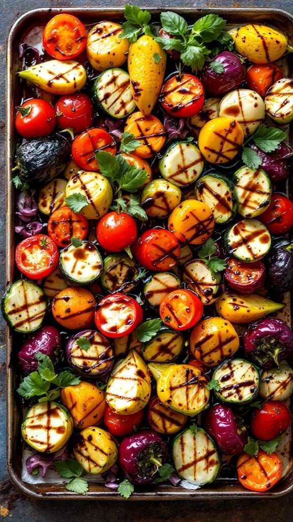 A vibrant grilled vegetable platter featuring zucchini, bell peppers, cherry tomatoes, and red onion, drizzled with balsamic glaze.