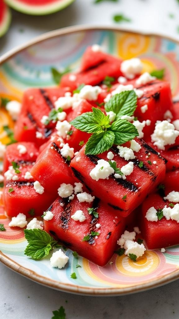 Grilled watermelon salad with feta cheese and mint on a colorful plate