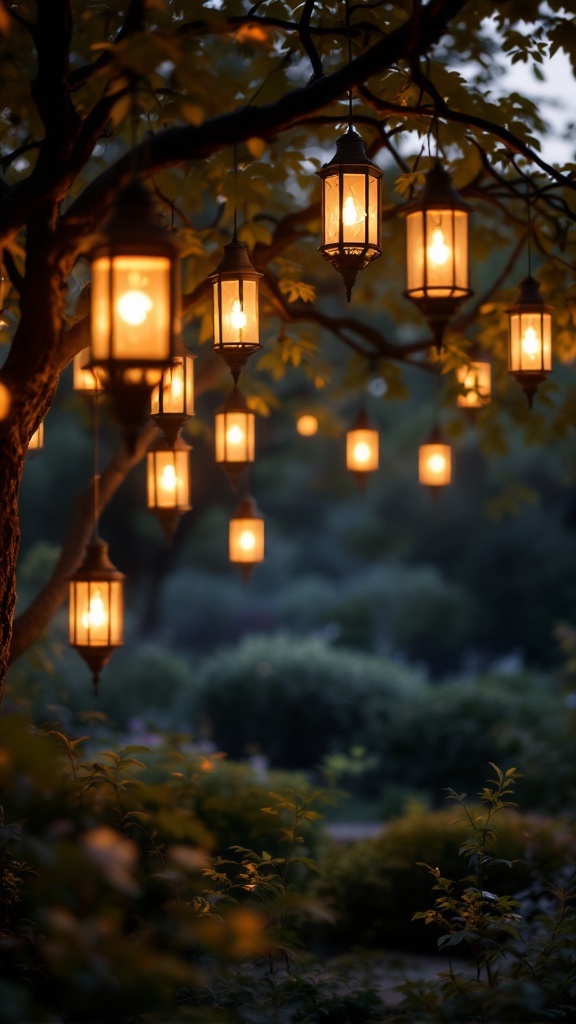 A tree with hanging lanterns glowing warmly in the evening.