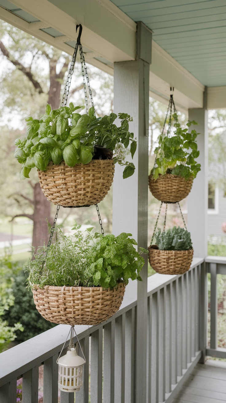 Terracotta pots with herbs on a porch railing
