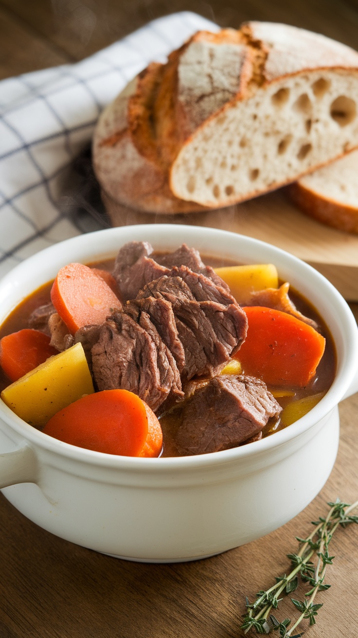 A bowl of hearty beef stew with chunks of meat and root vegetables, served with bread.
