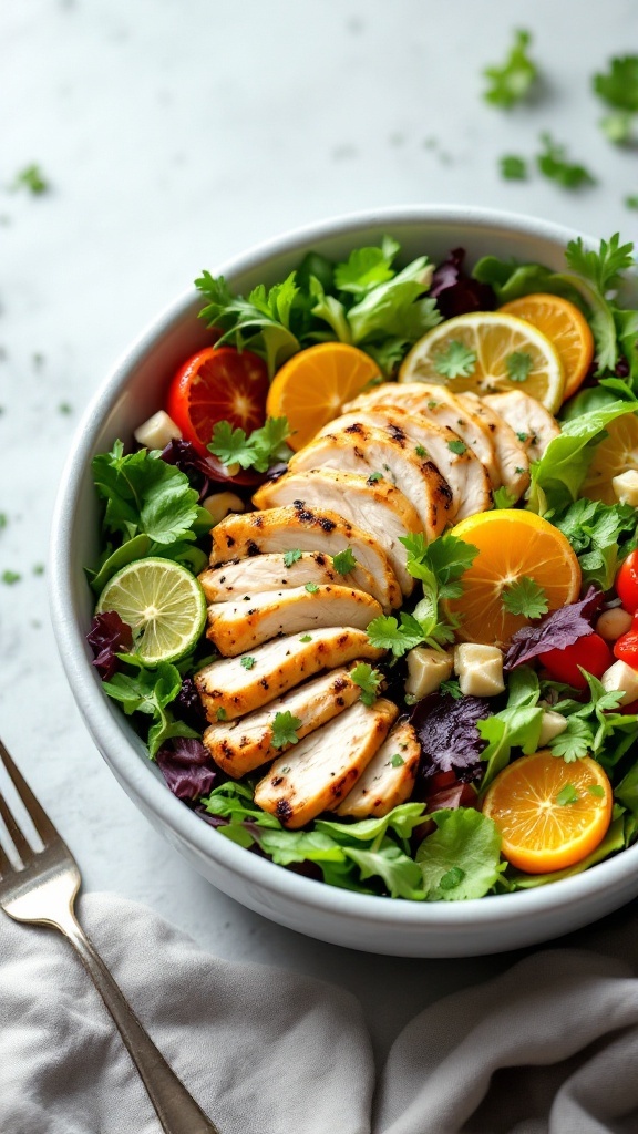 A refreshing herbed chicken and citrus salad with mixed greens and vibrant colors.