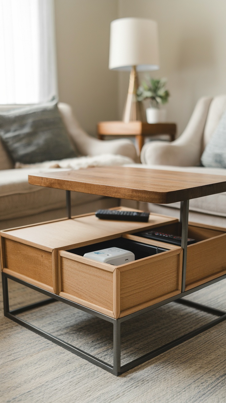 A stylish coffee table with drawers, showcasing hidden storage in a cozy living room setting.
